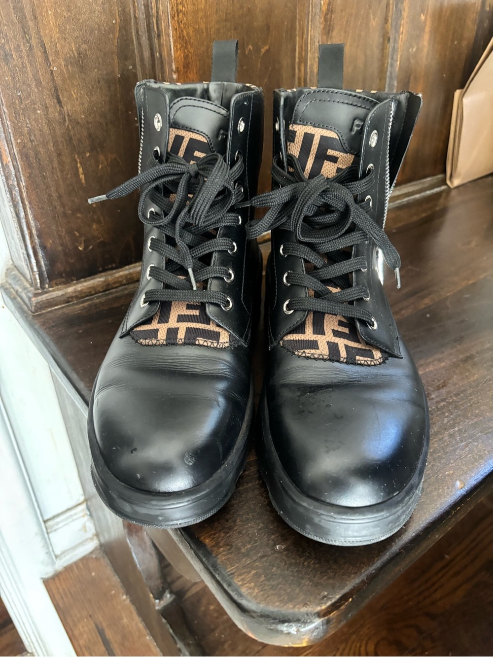 Fendi Black Leather Combat Boots with Brown FF Logo Tongue